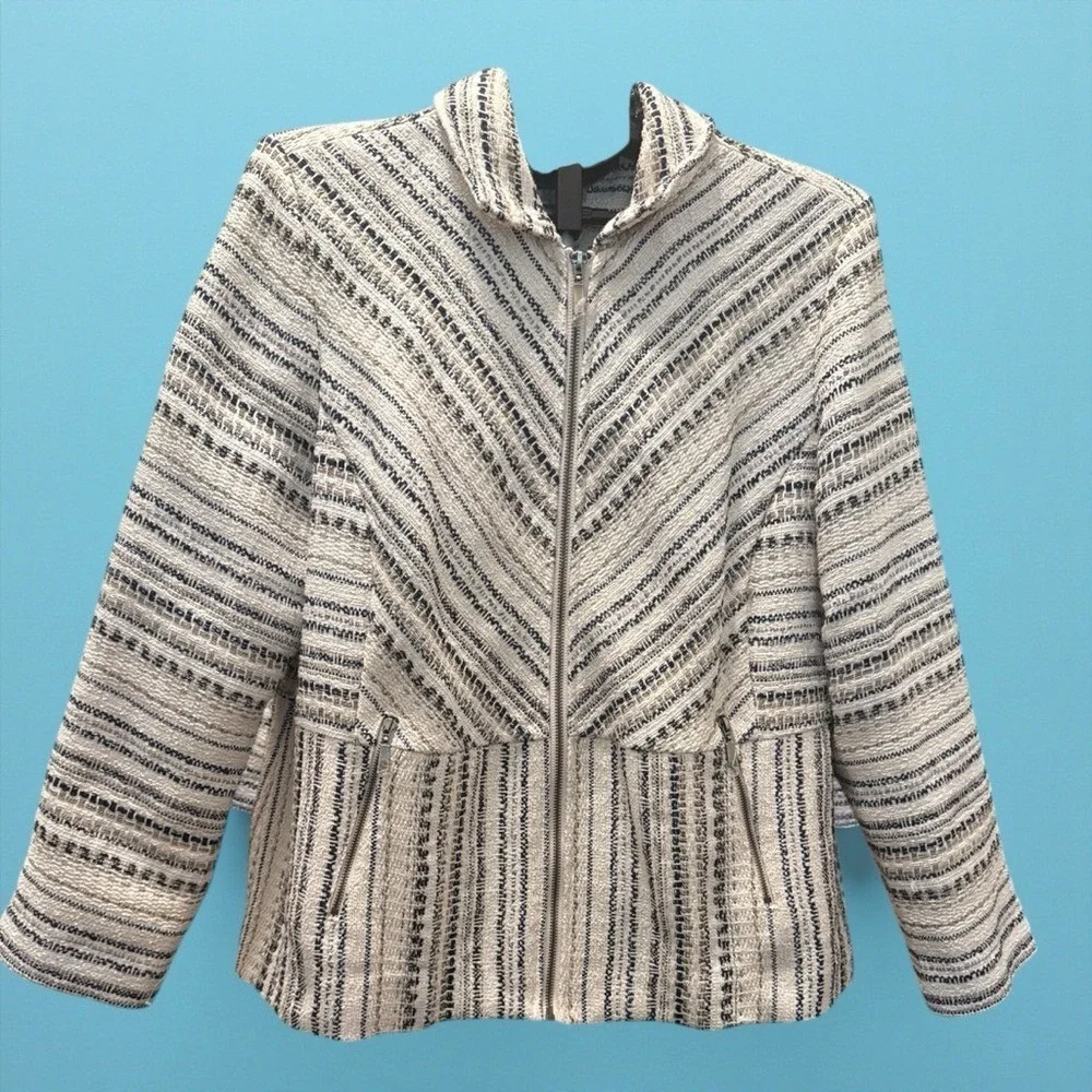 Chico's Striped Tweed‎ Lined Jacket Size 16/18 or 3 Cream with Black and Tan